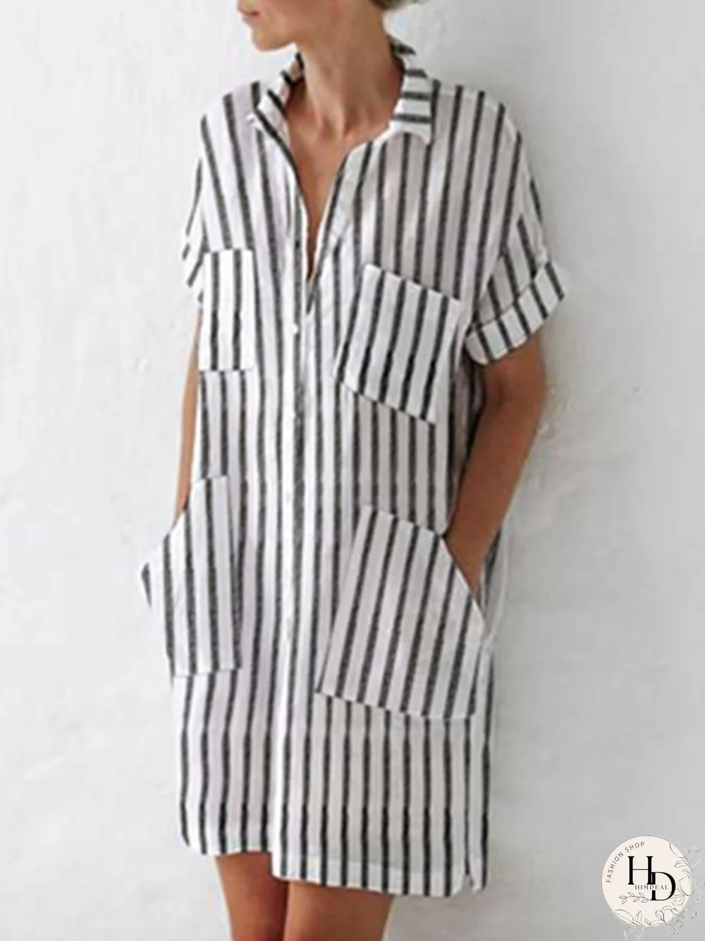 Short Sleeve Stripes Cotton-Blend Weaving Dress