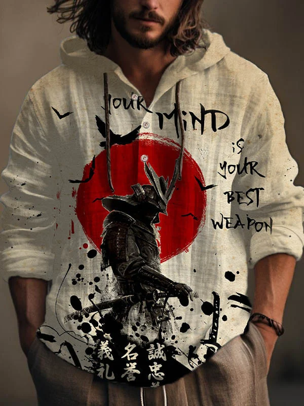 Men's Japanese Samurai Art Print Hooded Shirt