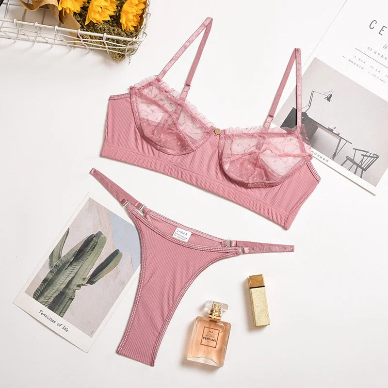 Yimunancy 2-piece Bra Set Women Dot Mesh Bra + Panties 2021 Ladies Black Sexy Lace Lingerie Set