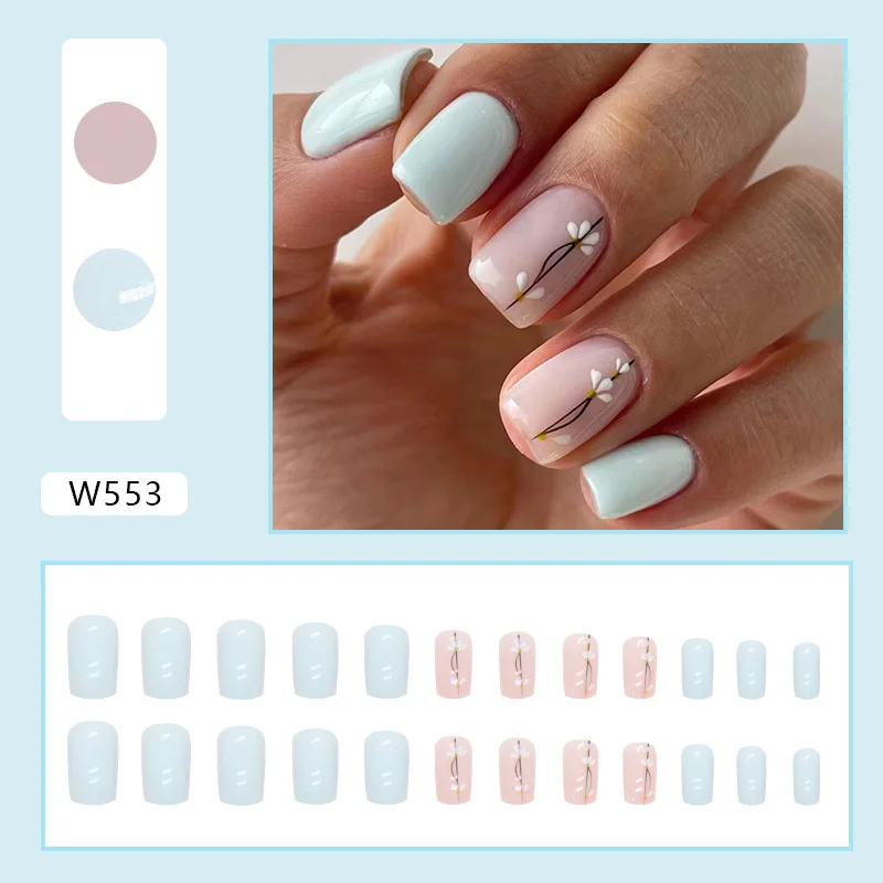 Churchf Churchf Elegant Blue Fresh Summer Nail European Square Type In The Long False Nails Lovely Flowers Wear Nail Piece