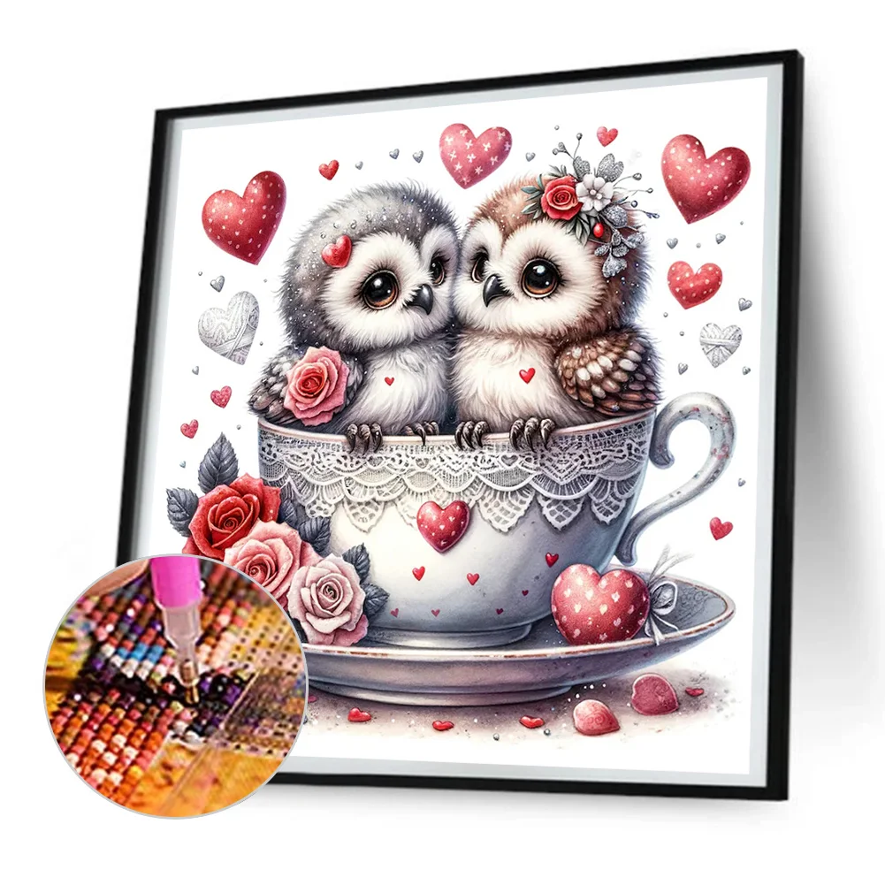 Diamond Painting - Full Round Drill - Love Flower Owl(Canvas|30*30cm)