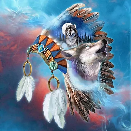 Colorful Feather Dream Catcher and Wolf 5D Diamond Painting