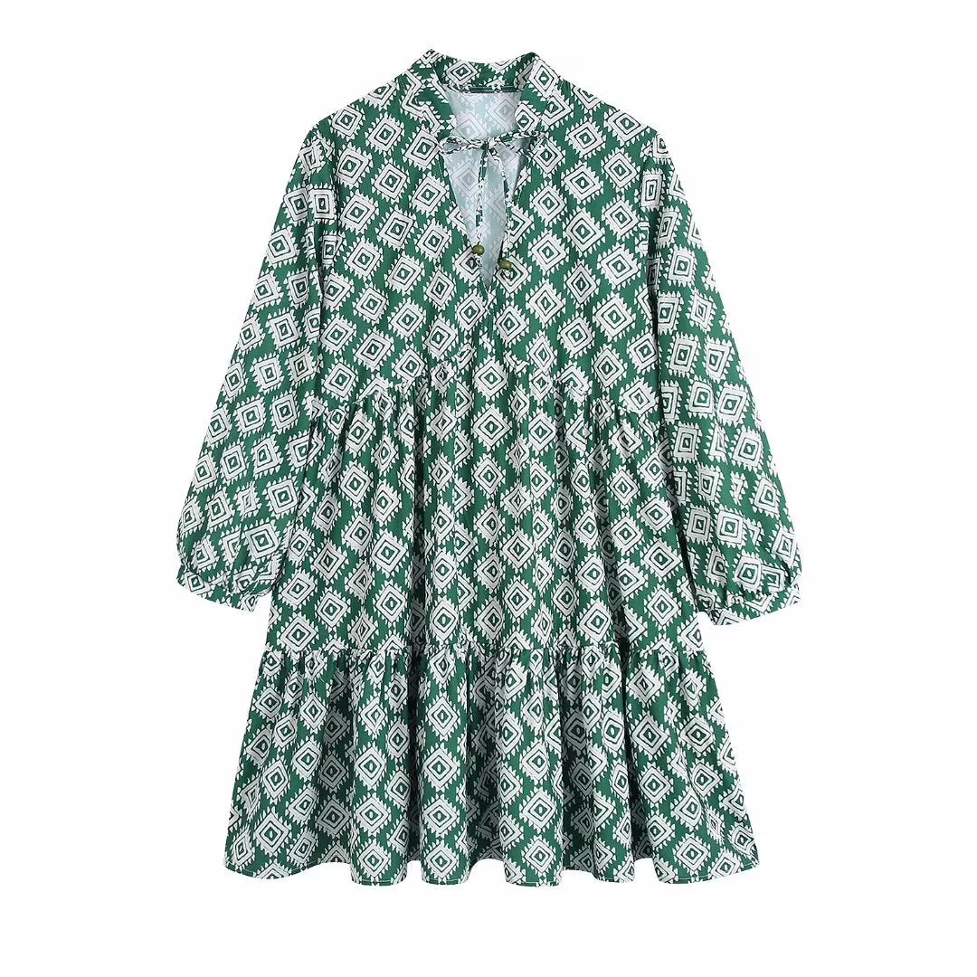 Zevity Women Vintage Geometric Print Loose Mini Shirt Dress Female Chic Lace Up Hem Pleat Ruffles Casual Vestidos DS950