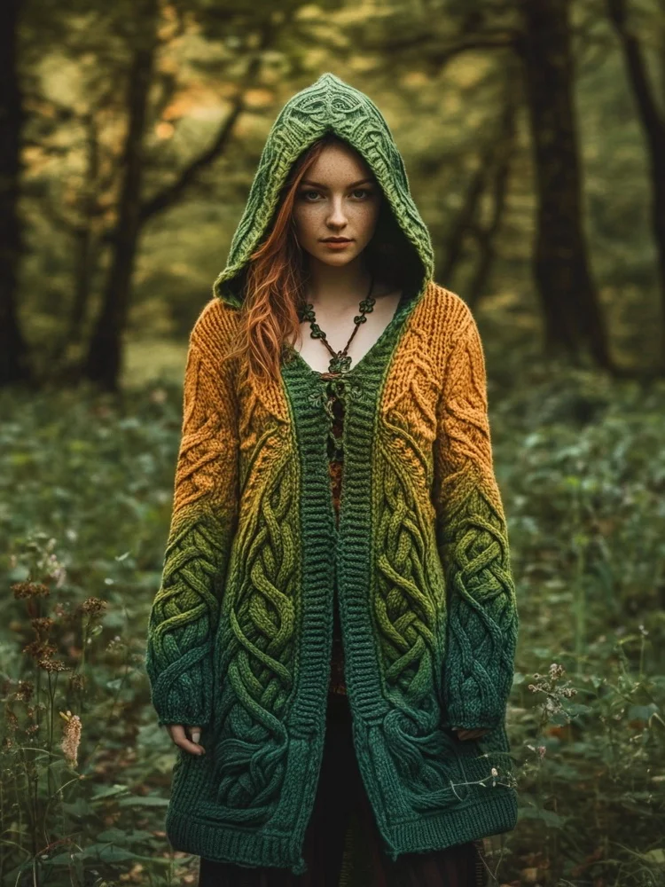 Vintage Celtic Knot Gradient Embroidery Women's Hooded Cardigan