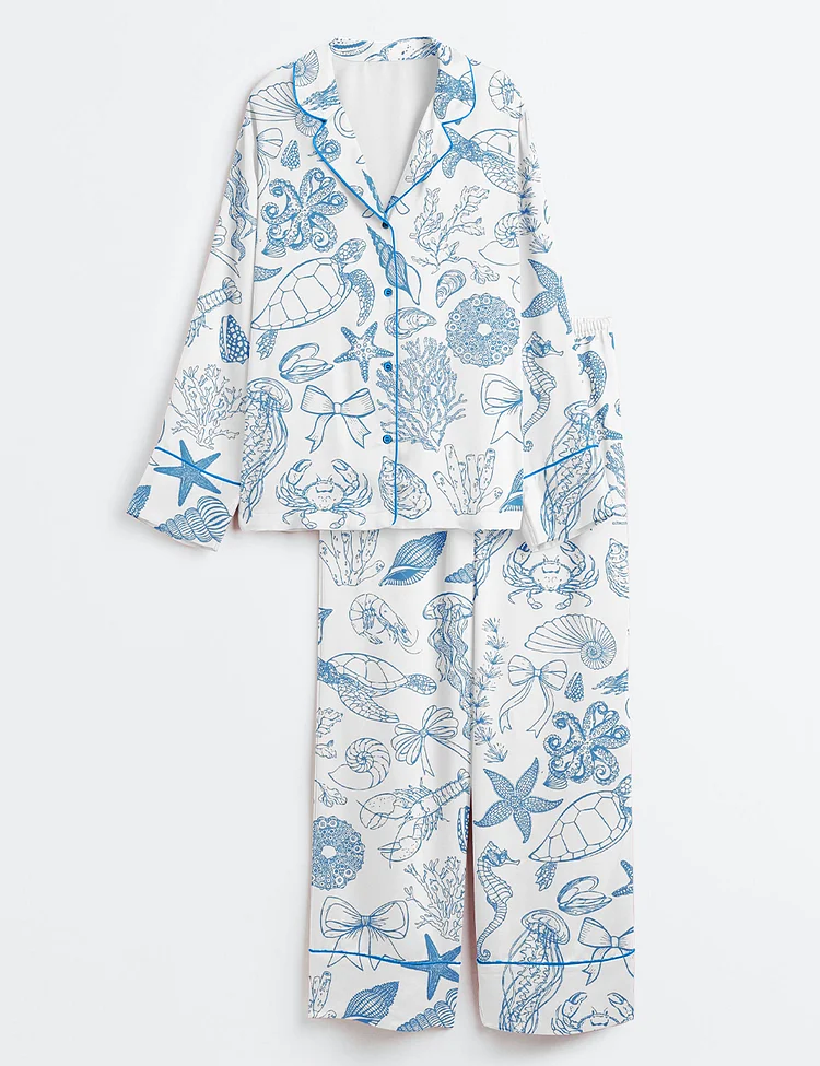Women&rsquo;s When You Go Through Deep Waters Christian Ocean Animal Print Long Sleeve Satin Pajama Set