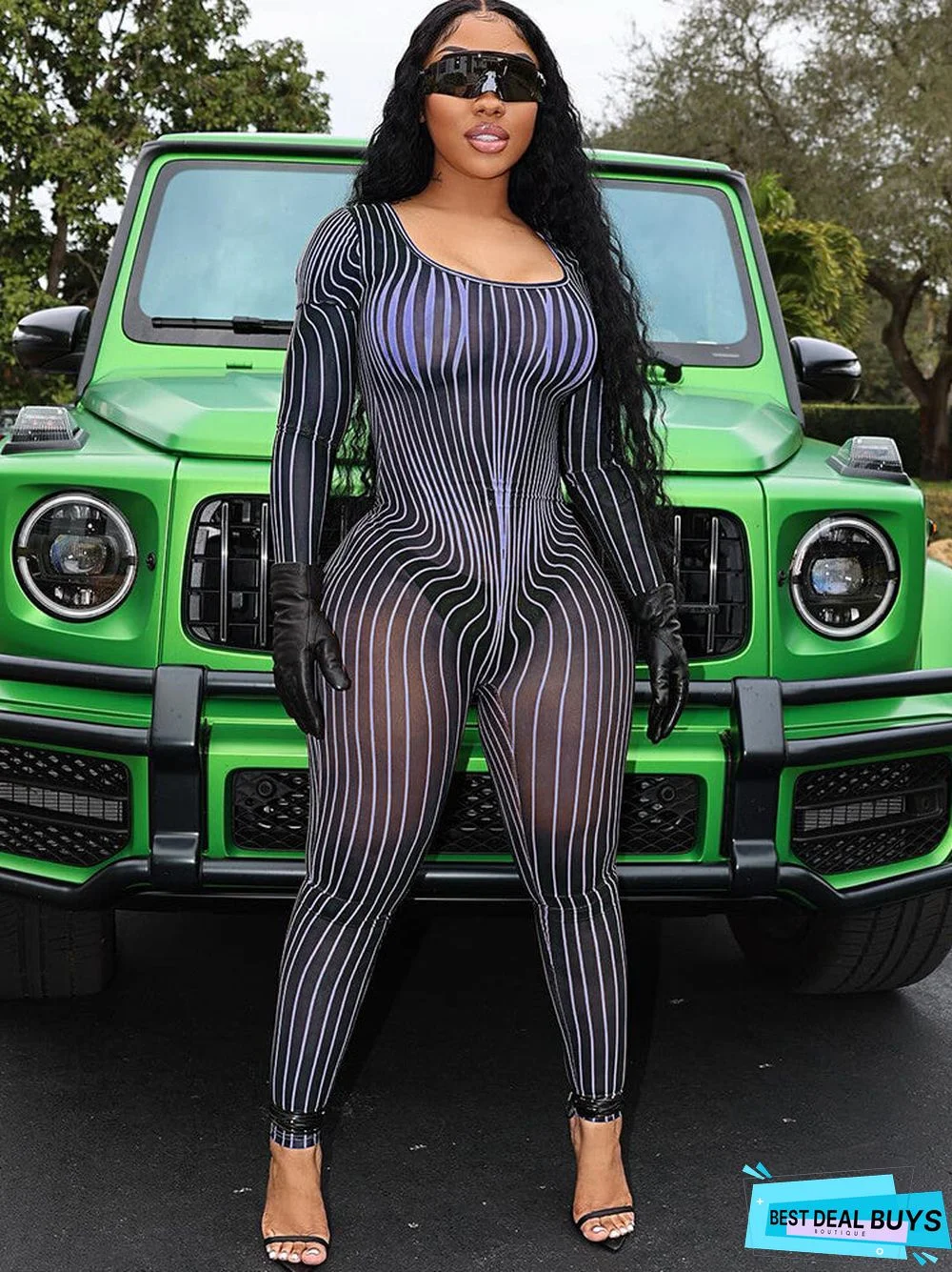 Mesh Striped Print Long Sleeve Bodycon Jumpsuit