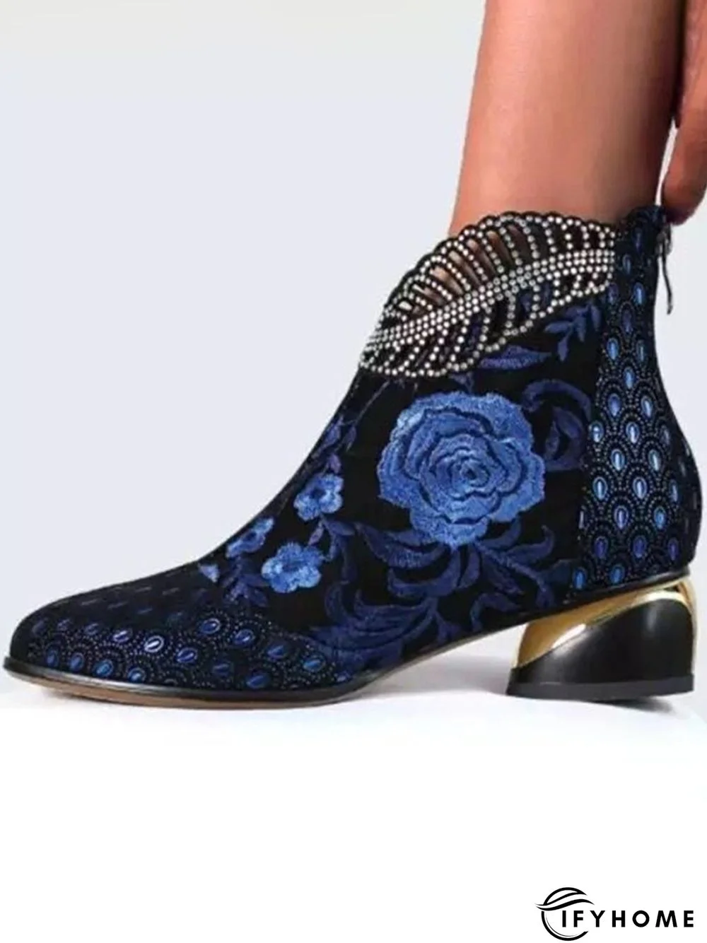 Retro Ethnic Embroidered Rhinestone Chunky Heel Zipper Boots | IFYHOME