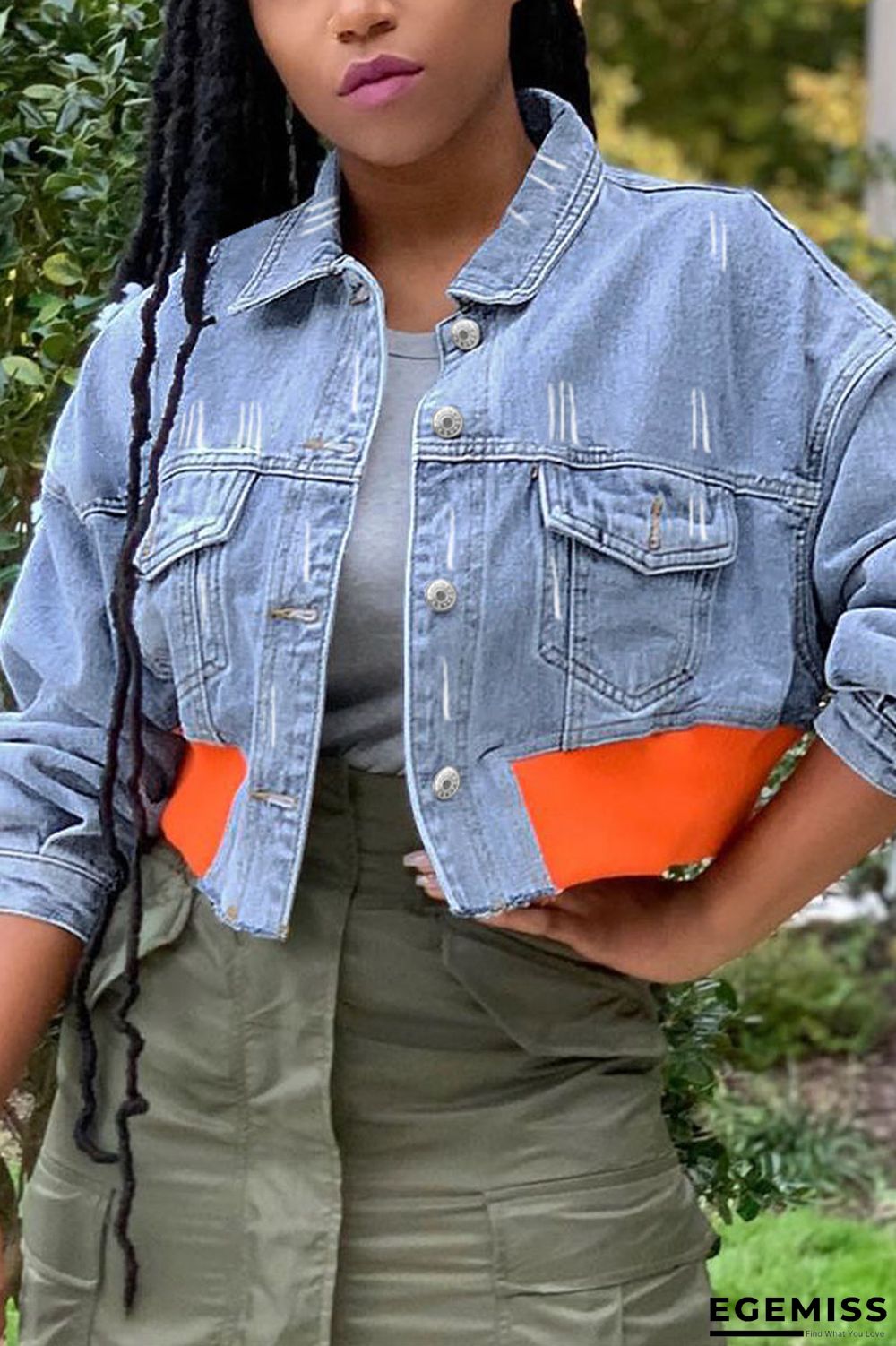 Baby Blue Street Solid Patchwork Turndown Collar Long Sleeve Straight Denim | EGEMISS