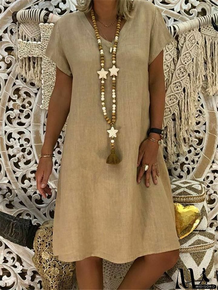 MidiSono - Women's Cozy Short Sleeve Midi Length Shift Dress