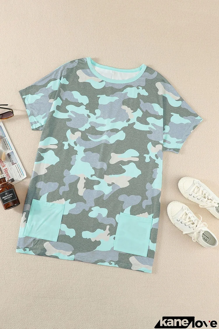 Green Camo Print Pocketed Casual T-shirt Mini Dress