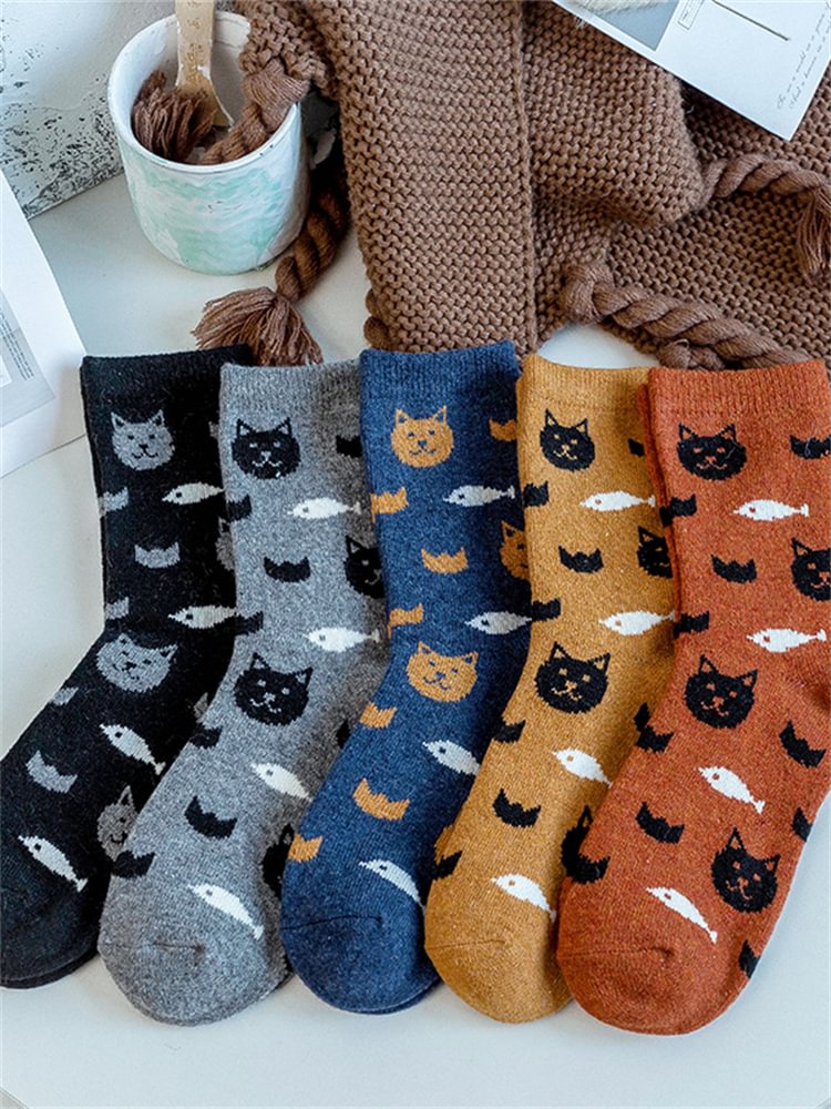 Comstylish Lovely Cats & Fishes Pattern Knit Comfy Socks Set