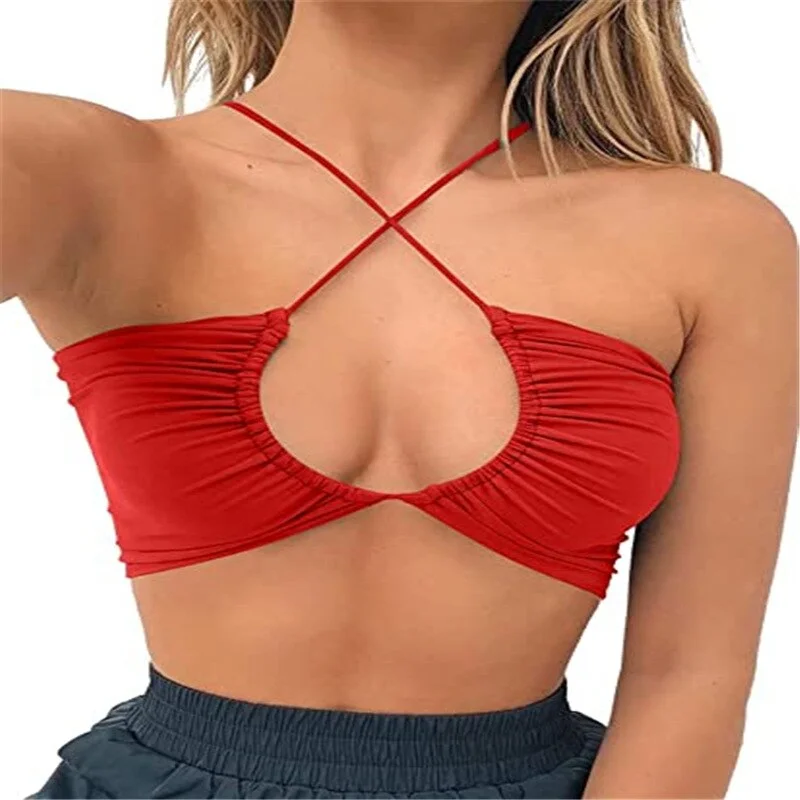 Tank Top Off Shoulder Hollow Out Cross Halter Crop Tops Women Casual Sleeveless Cropped Vest Camisole Tube Top Female