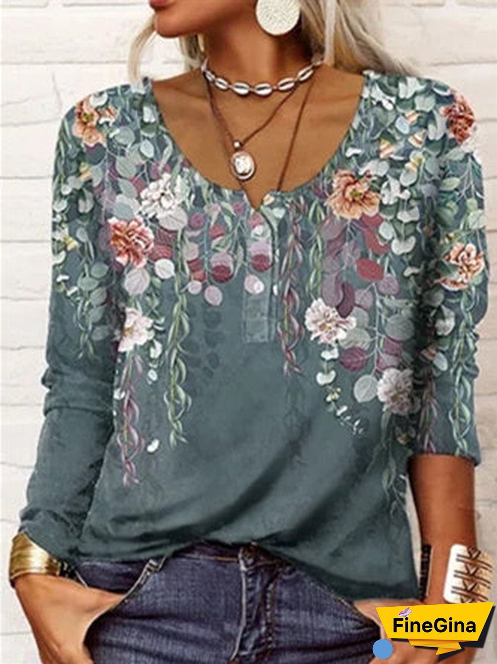 Women's Scoop Neck Long Sleeve Floral Printed Tops