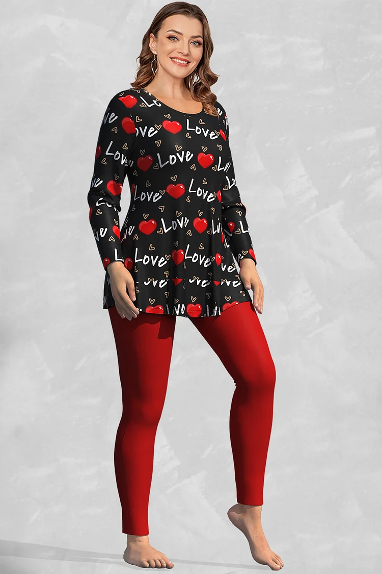 Flycurvy Plus Size Casual Black Heart Letter Graphic Print Long Sleeve Two Piece Pant Set  Flycurvy [product_label]