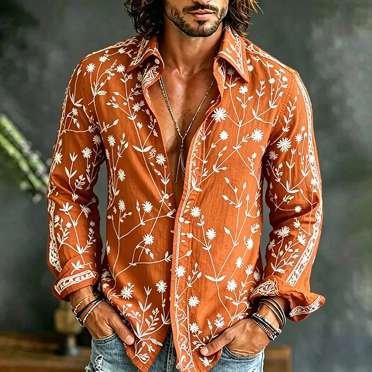 Men's Spring Summer Floral Embroidered Art Print Flowy Linen Blend Shirt
