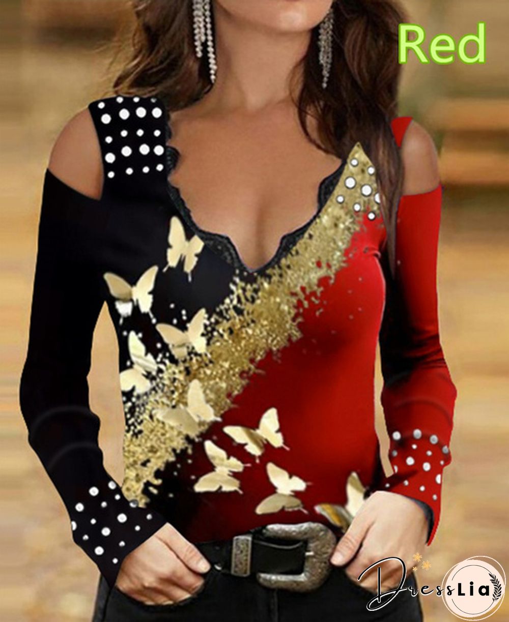 Spring and Early Autumn New Fashion Women's Butterflies Printed Long Sleeve Lace V-neck Strapless Top Casual Loose Plus Size Soft and Comfortable Thin Bottoming Shirt XS-5XL