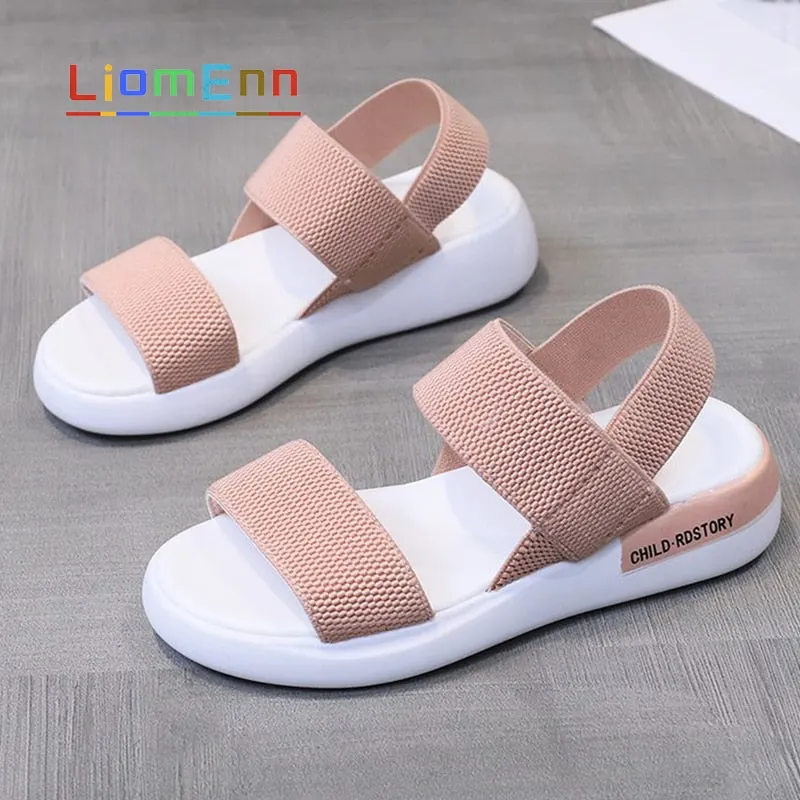 Women's Sandals 2021 Summer Elastic Fabric Flat Sandals Women Ladies Gray Pink Sandal Female Beach Shoes designer zapatos mujer