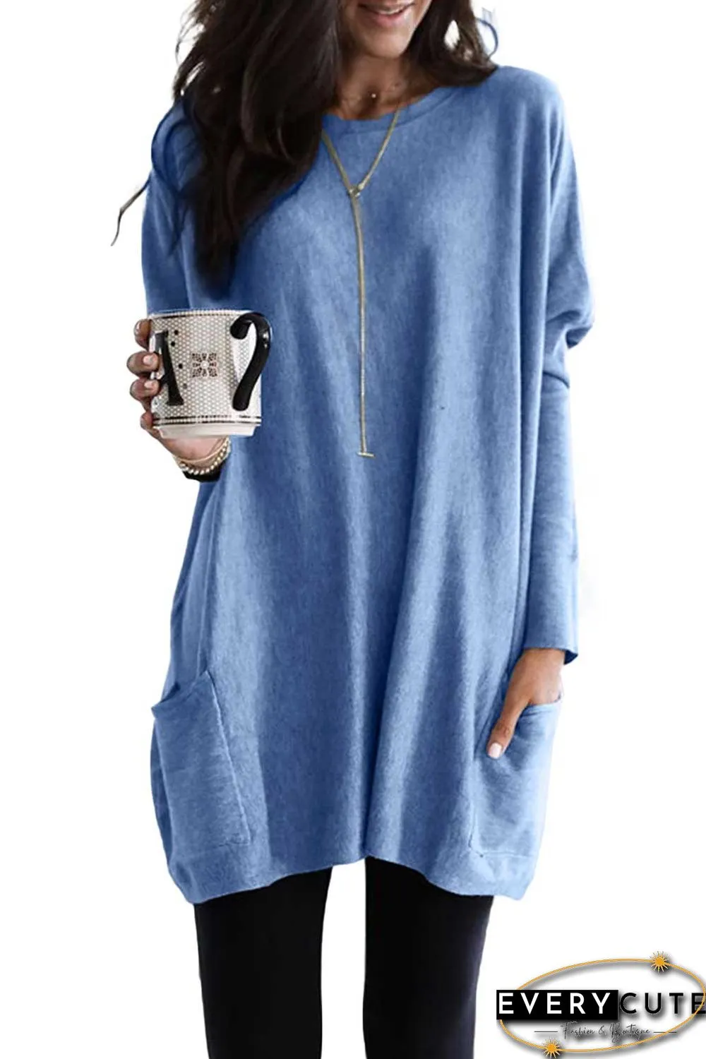 Sky Blue Longline Pocketed Top