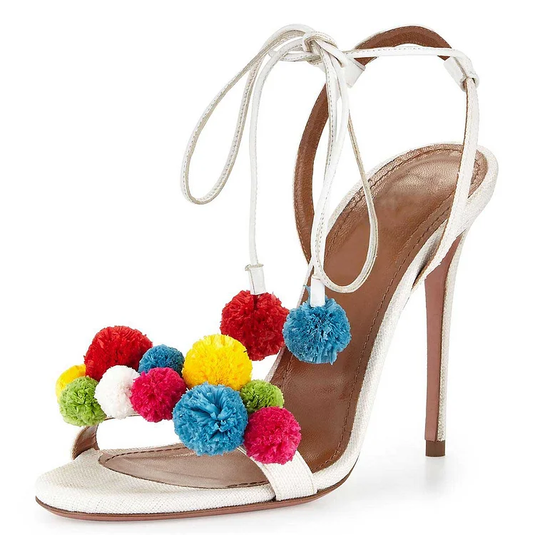 White Pom Pom Shoes Strappy Stiletto Heel Sandals for Wedding |FSJ Shoes