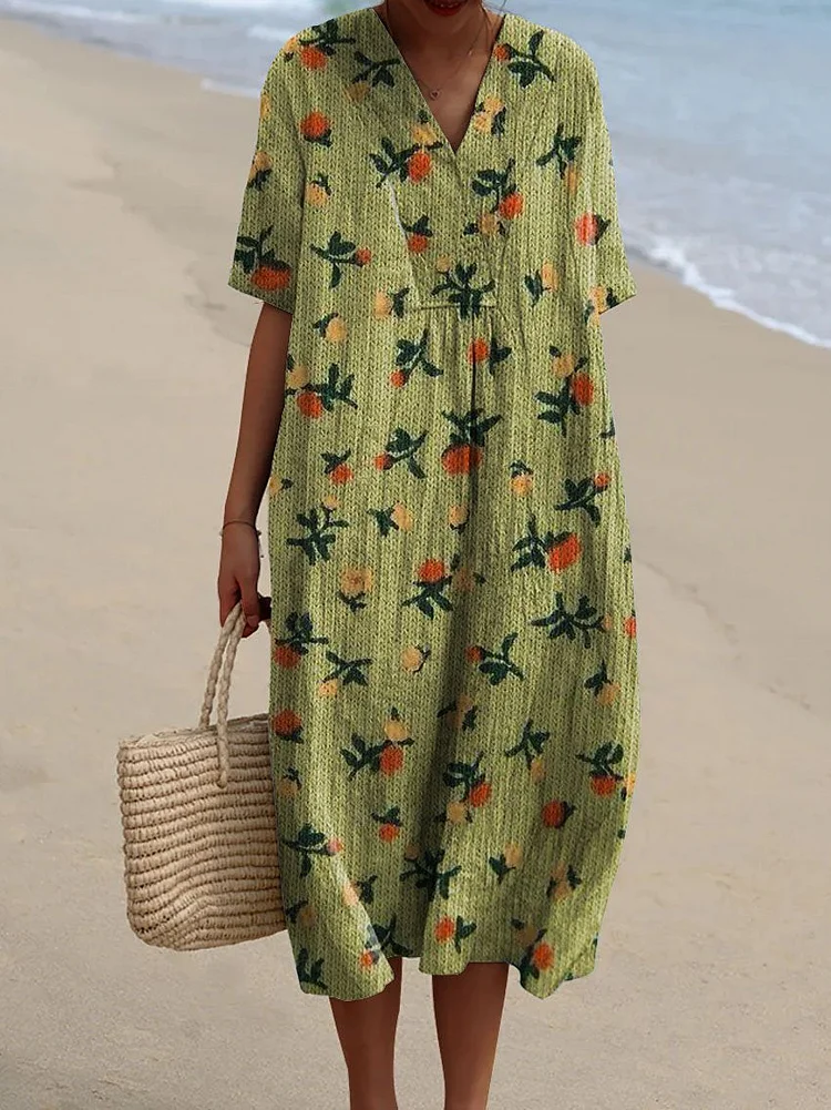 Women's Vintage Lovely Floral Art Print Casual Flowy Dress