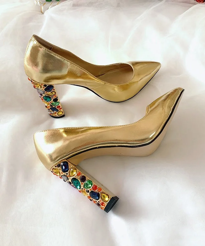 2025 New Zircon Gold Pointed High Heels Cowhide Leather
