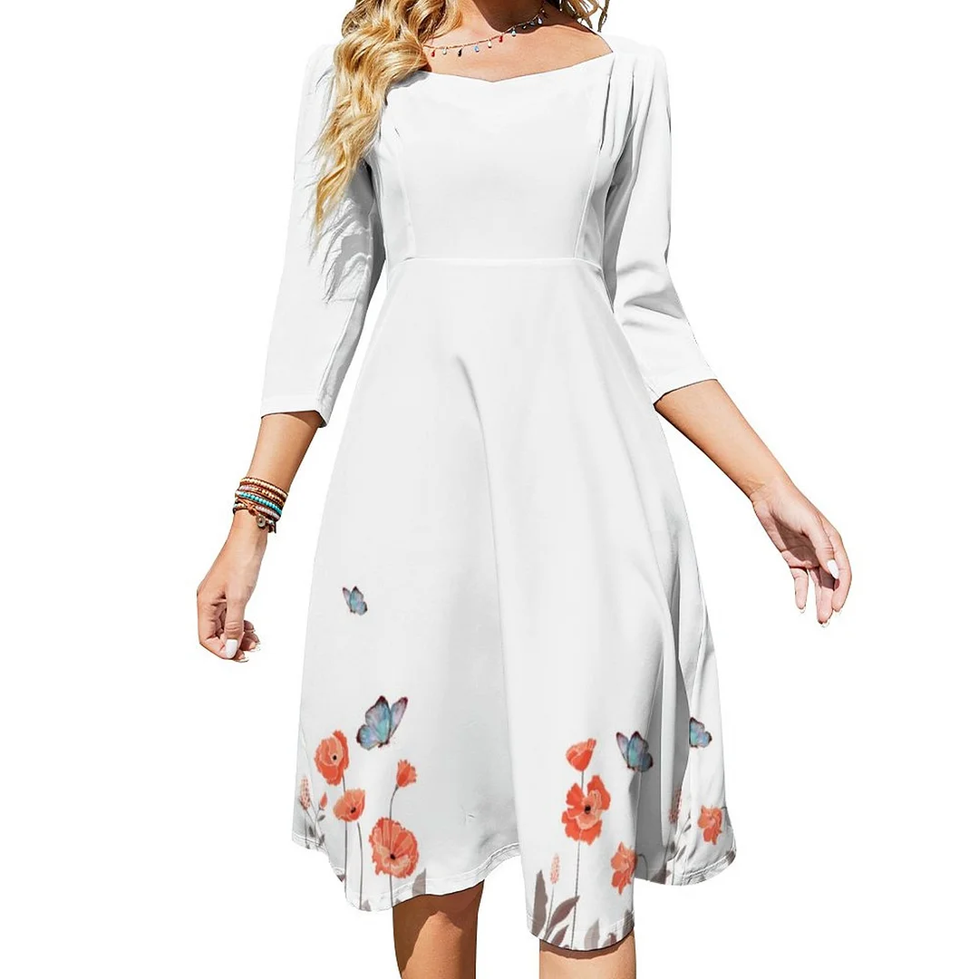 Orange Poppy Flowers And Blue Butterflies Garden Dress Sweetheart Tie Back Flared 3/4 Sleeve Midi Dresses