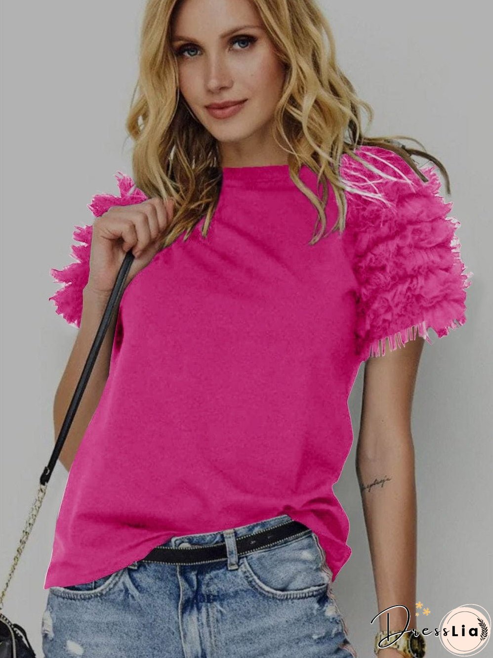 Mesh Rose Ruffled Tee with Short Sleeves