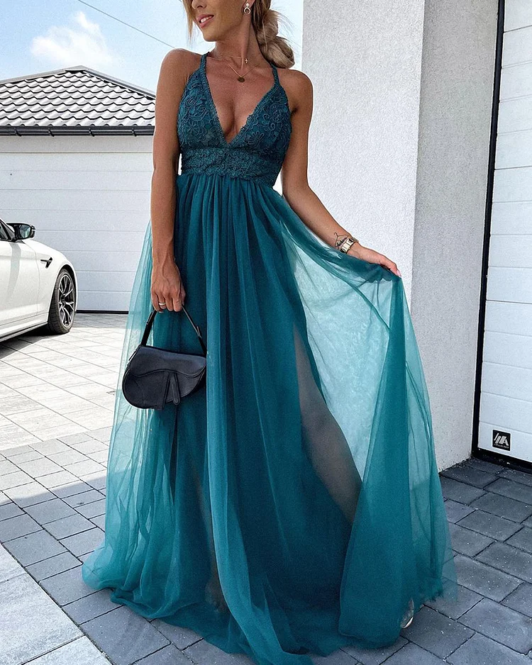 New Elegant Solid Color Party Sexy Deep V Neck Fashion Lace Backless Prom Dress