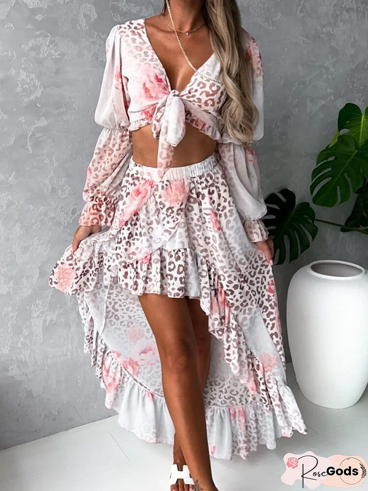 Women Lace Crop Shirt + Short Front Long Back Irregular Bust Skirt Suits Summer Fashion Printed Blouse 2Pc Set New Short Skirt Set