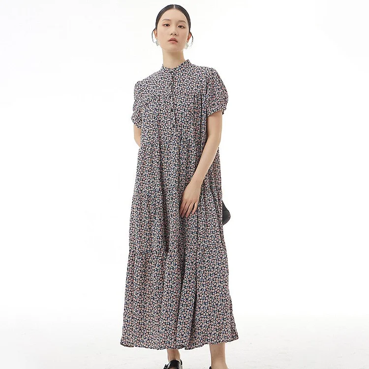 Vintage Loose Half Stand Collar Floral Printed Short Sleeve Dress