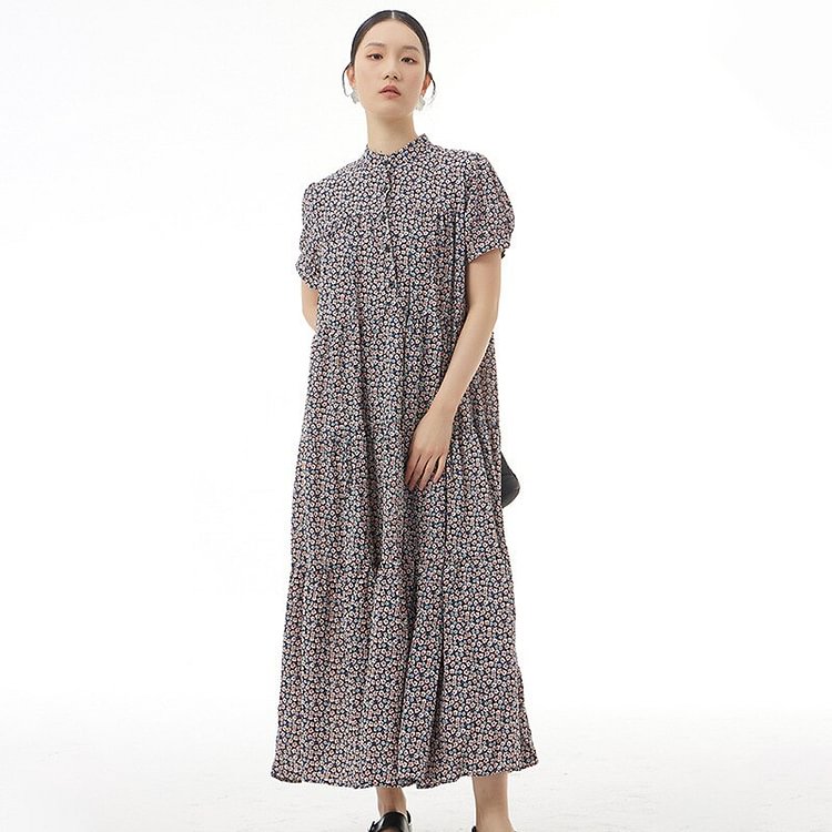 Vintage Loose Half Stand Collar Floral Printed Short Sleeve Dress 