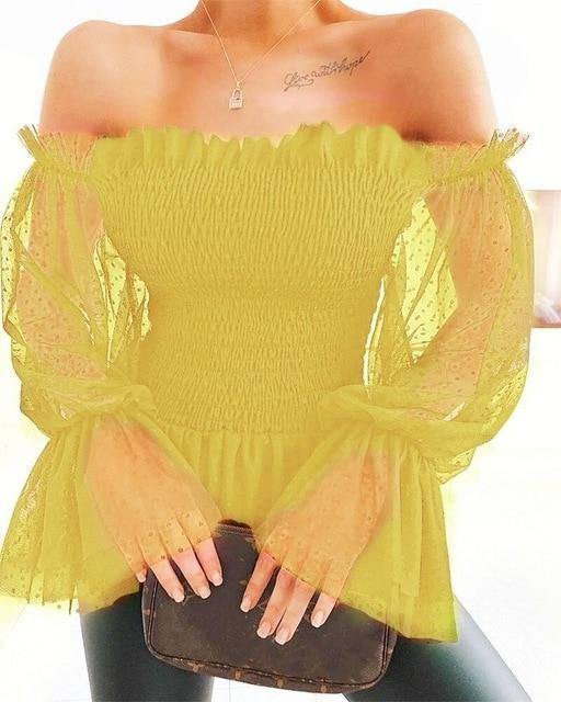 New Sexy Off Shoulder Blouse Women Mesh Flare Sleeve Shirts Summer Fashion Sheer Long Lace