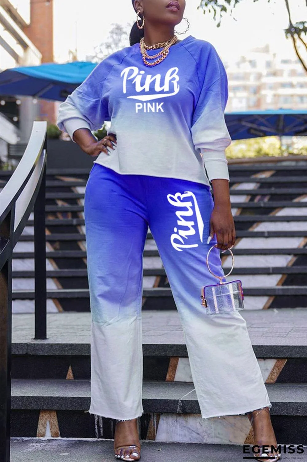 Blue Fashion Casual Gradual Change Letter Print Basic O Neck Long Sleeve Two Pieces | EGEMISS