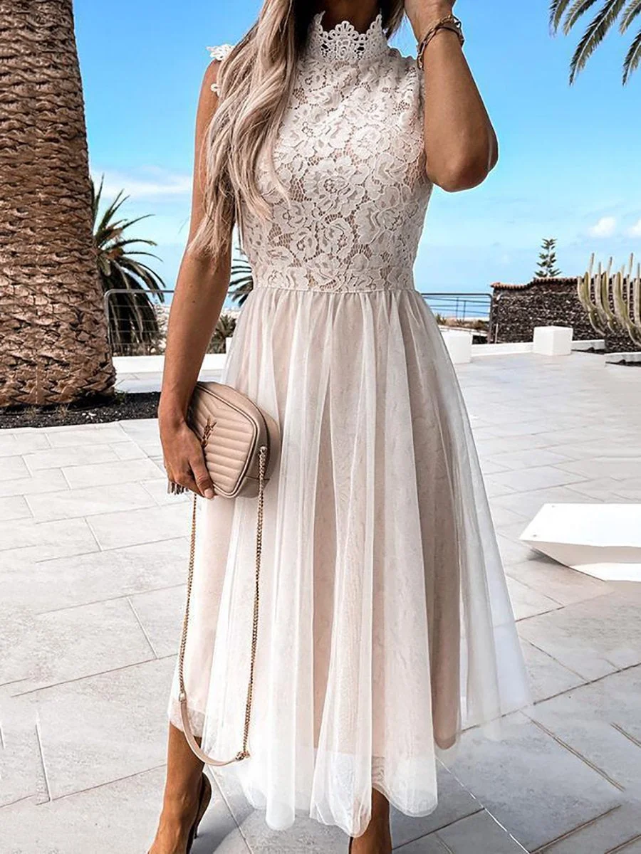 Sleeveless Midi Dress in Lace and Mesh