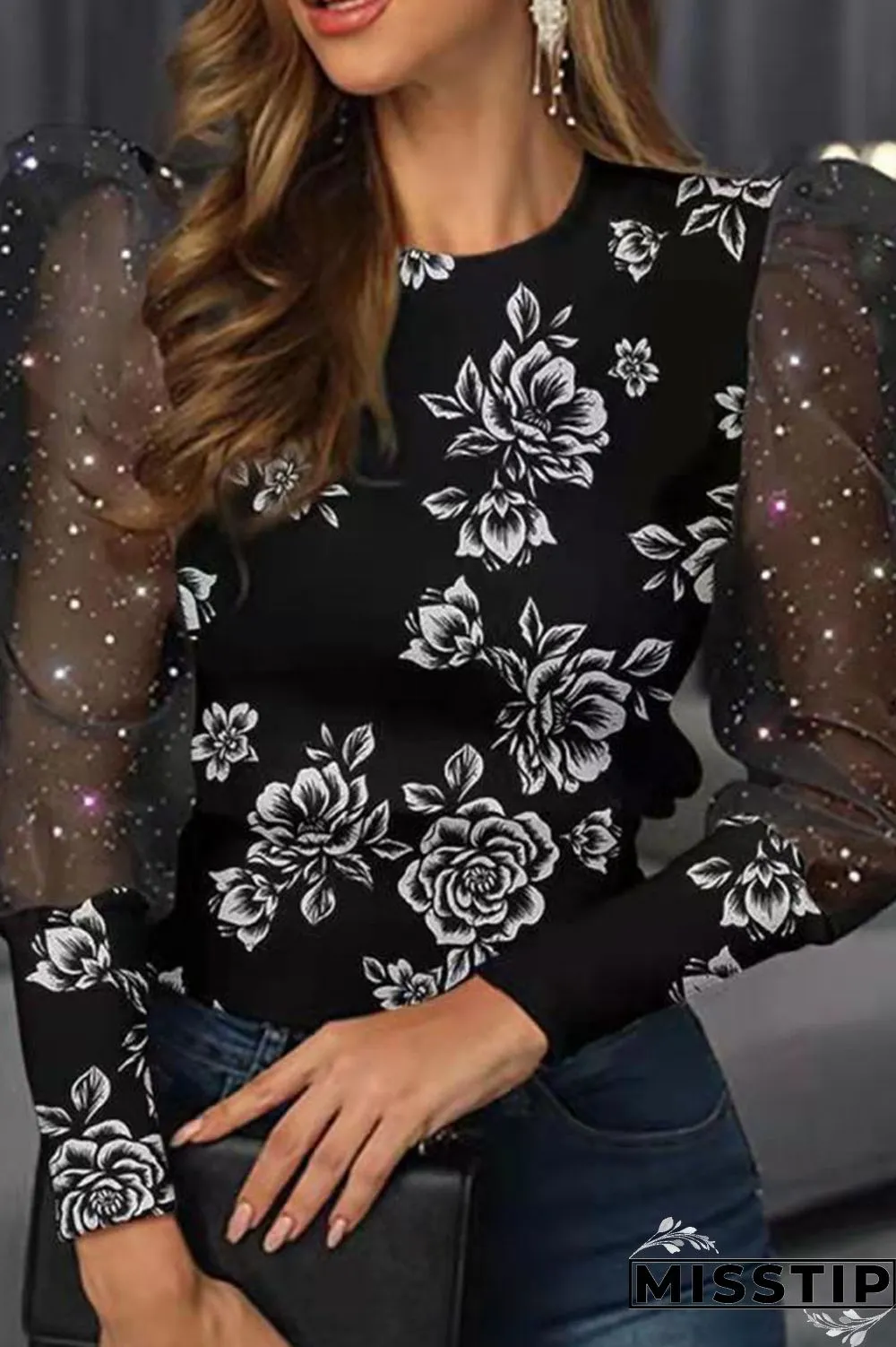 Apricot Pink Casual Print Patchwork O Neck Tops