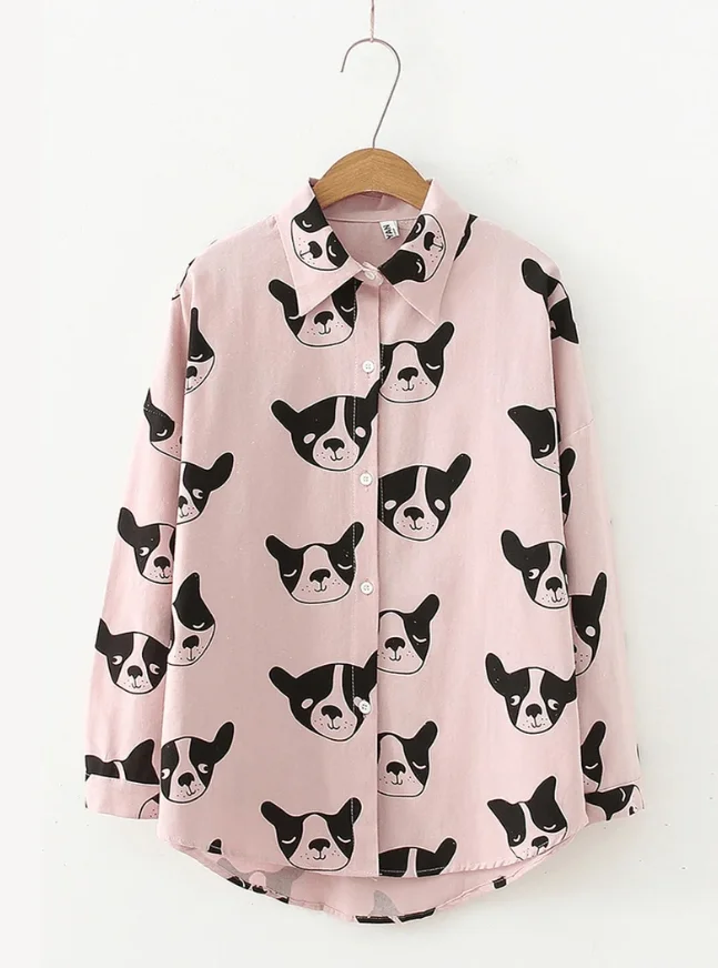 Cartoon Dog Printing Long Sleeve Irregular Hem Loose Casual Shirt