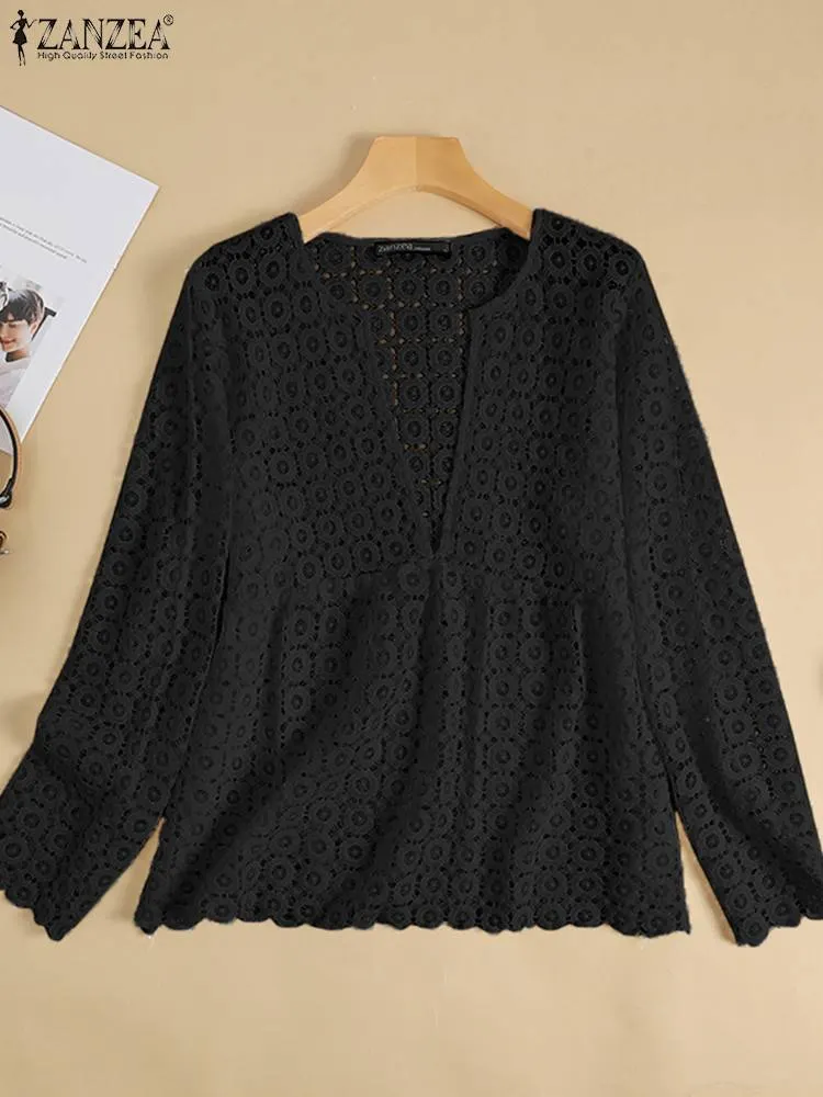 ZANZEA Fashion V Neck Long Sleeve Lace Crochet Blouse Women Summer Hollow Out Tops Sexy Holiday Beach Cover Up Shirt Solid Blusa