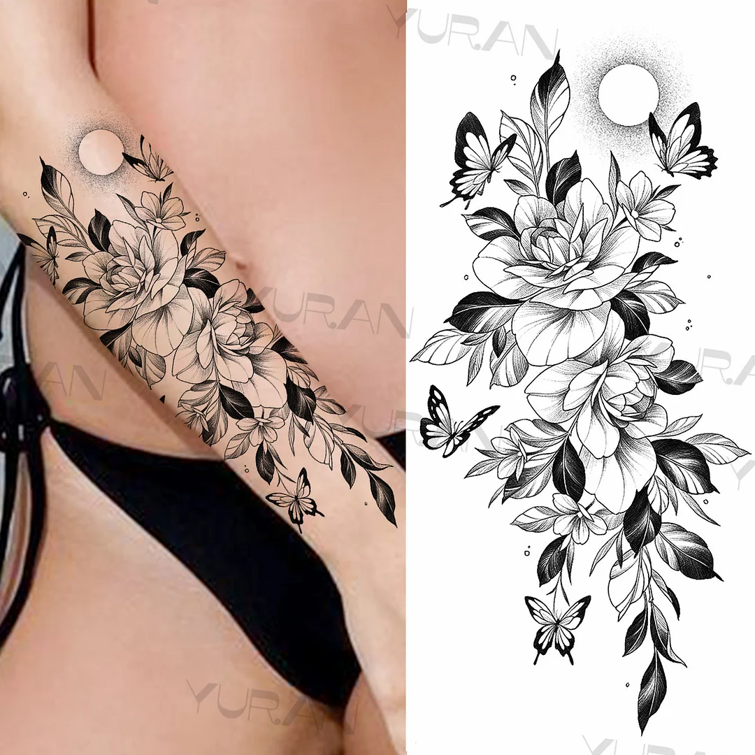 Sdrawing Rose Flower Temporary Tattoos For Women Realistic Snake Butterfly Flora Fake Tattoo Sticker Arm Body Waterproof Tatoos
