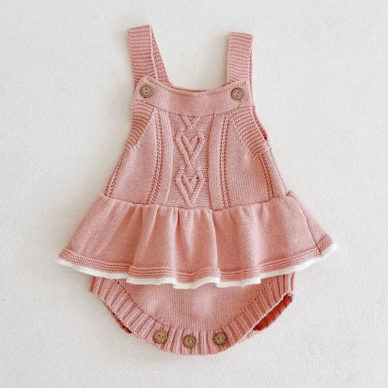 Autumn Baby Clothes Girls Rompers Loving Heart Baby Girl Lotus Leaf Knit Braces Rompers Baby Jumpsuit Baby Clothes