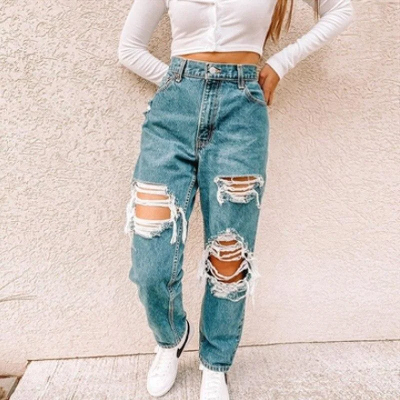 Lady Fashion Straight Pants High Waist Loose Jeans Clothes Women Casual Blue Denim Streetwear Ripped Hole Trousers  2021 Summer 1109-1