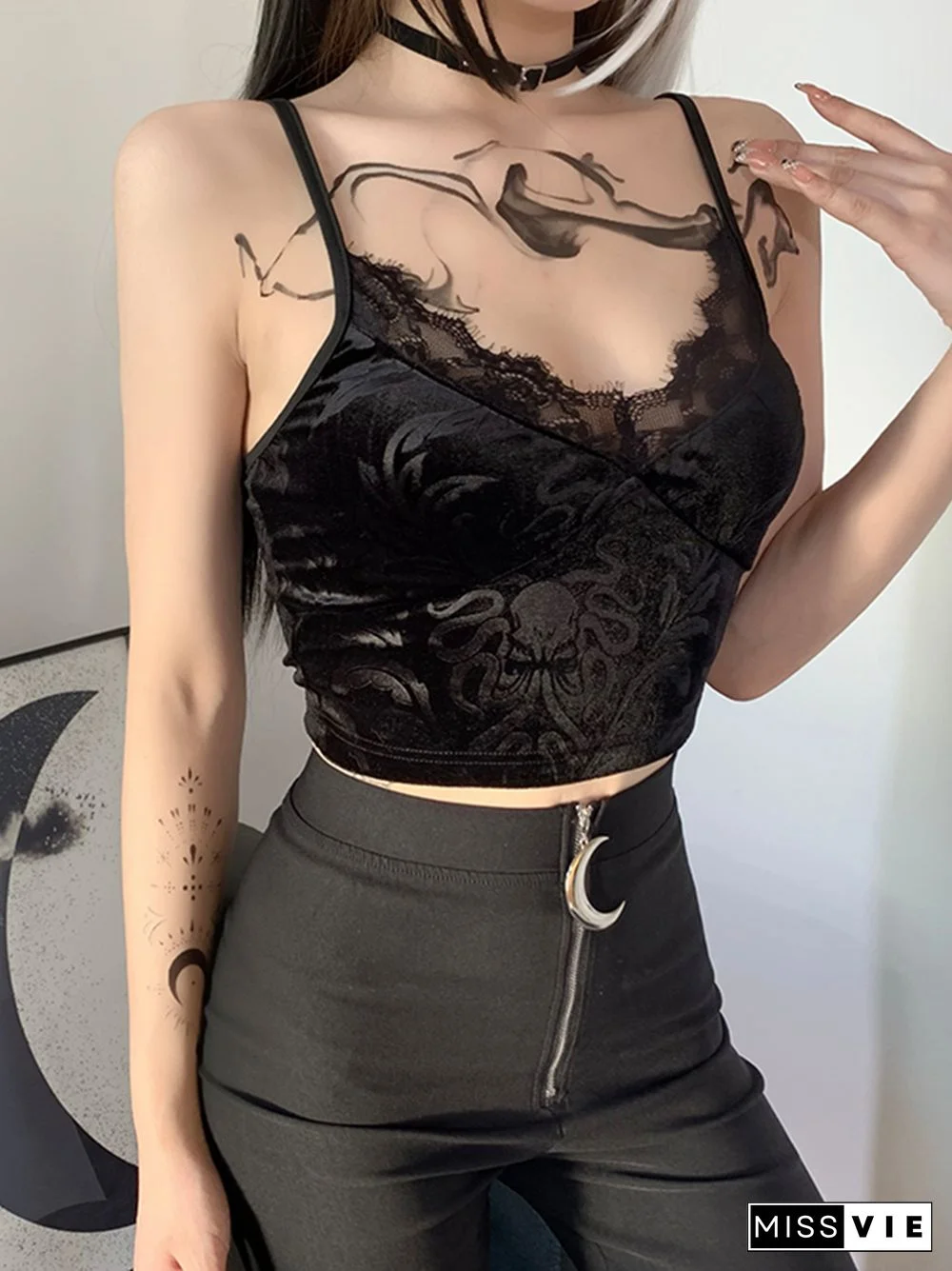 Mall Goth Cross Black Camis Vintage Aesthetic Lace Patchwork Velvet Camisole Grunge Spaghetti Straps V Neck Cropped Tops