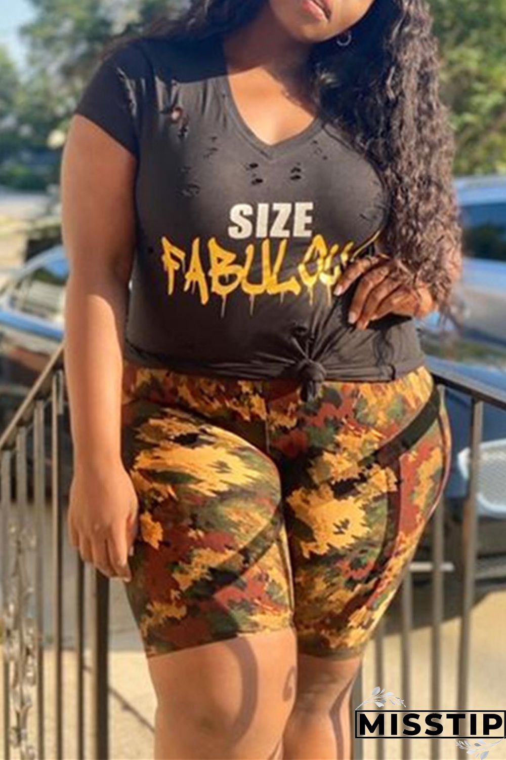 Black Fashion Casual Print Hollowed Out O Neck Plus Size Two Pieces