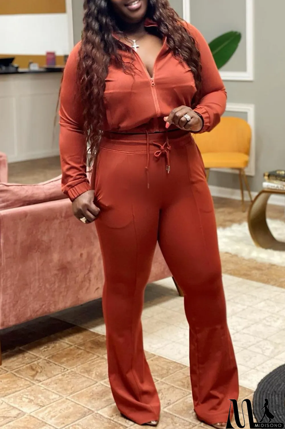 MidiSono - Yellow Fashion Casual Solid Basic Zipper Collar Plus Size Two Pieces