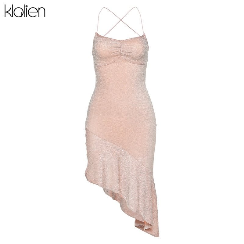 KLALIEN Female Pink Sexy Spaghetti Strap Silk Dress 2022 Summer Fashion Birthday Party Glitter Asymmetrical Mini Dress Mujer