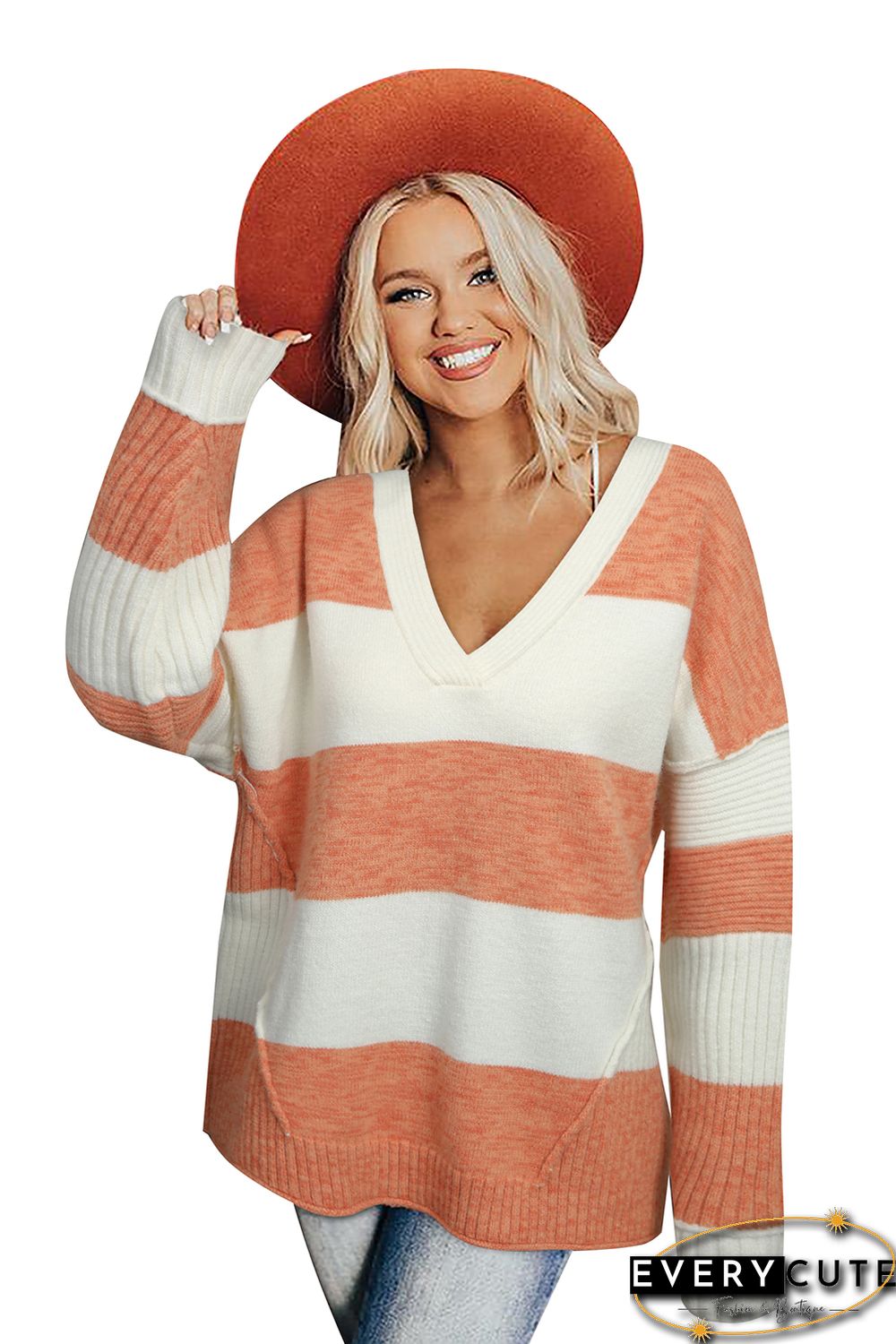 Striped V Neck Criss Cross Back Sweater