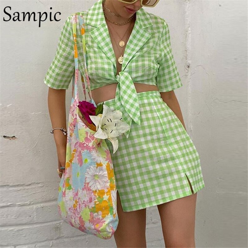 Sampic E Grils Women Green Plaid Y2K Summer Skirt Set 2021 Short Sleeve Tops And Mini High Waisted Skirt Dres Two Piece Set