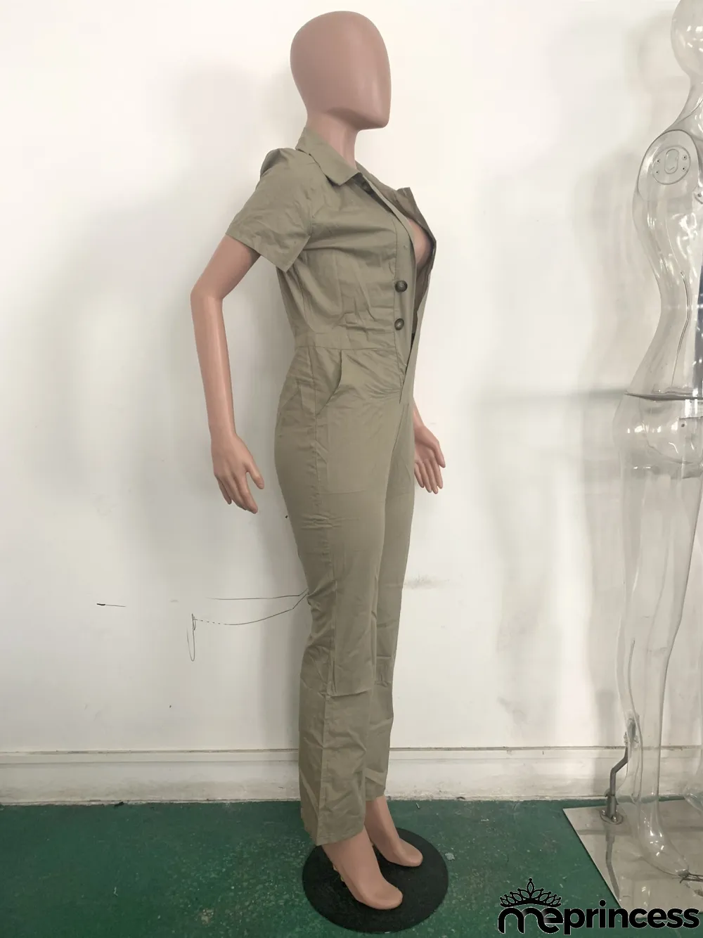 Summer Khaki Casual Button Up Collar Jumpsuit