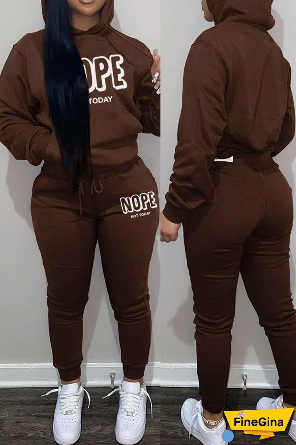 Khaki Casual Print Patchwork Hooded Collar Long Sleeve Two Pieces