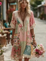 Women's Vintage Floral Patchwork Art Pattern Short Sleeve Mini Dress