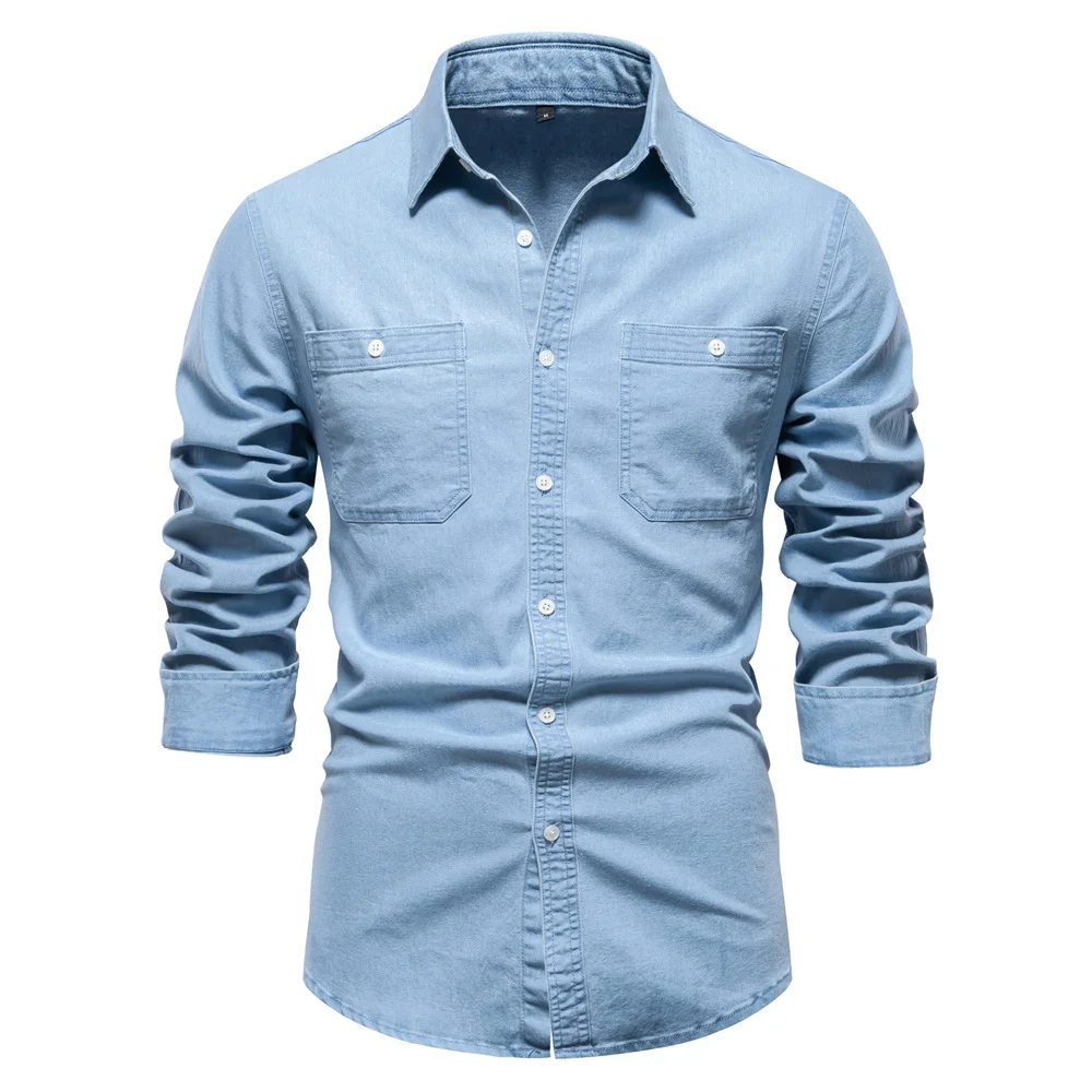 Men's Casual Solid Color Long-sleeved Denim Shirt